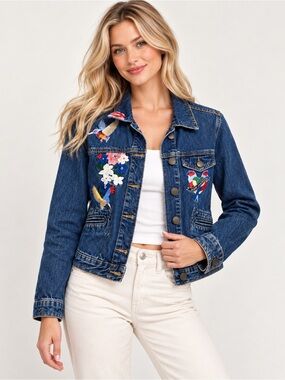 Maje Vivo Embroidered Denim Jacket Blue Bird Floral Jean Jacket size 40